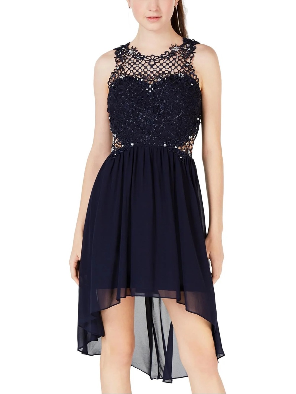 City Studio Navy Crochet Lace High-Low Evening Dress